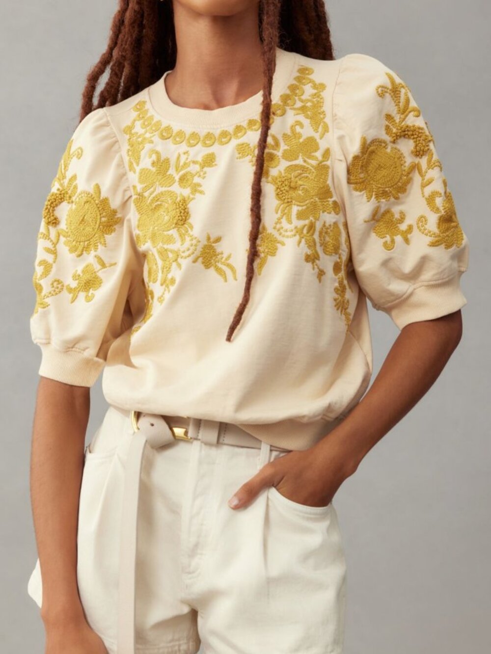 Anthropologie Embroidered Puff Sleeve Sweatshirt Top